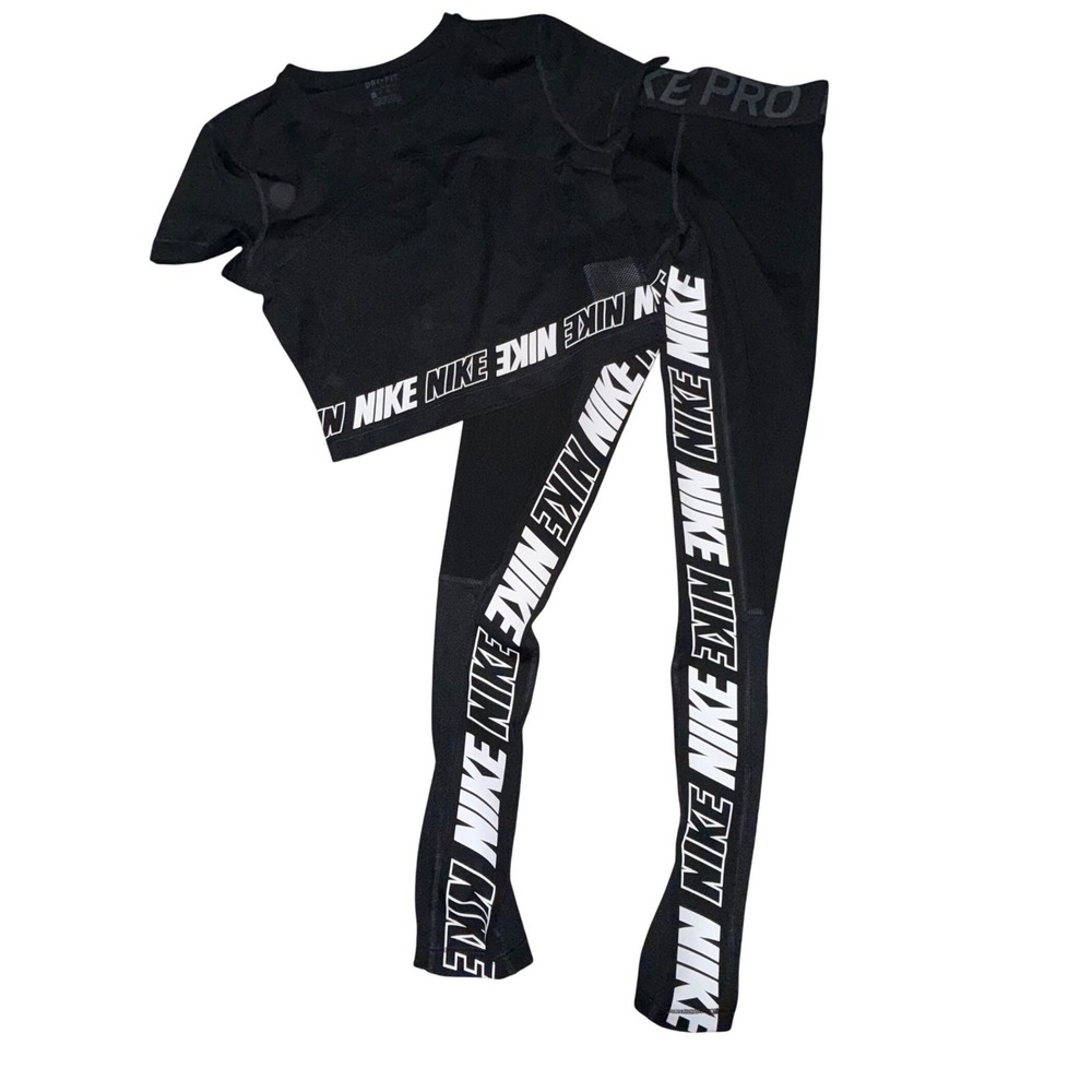 Nike Pro Set XS Black Dri-FIT Crop Top Leggings Mesh Logo Athleisure Gymwear - Picture 2 of 16